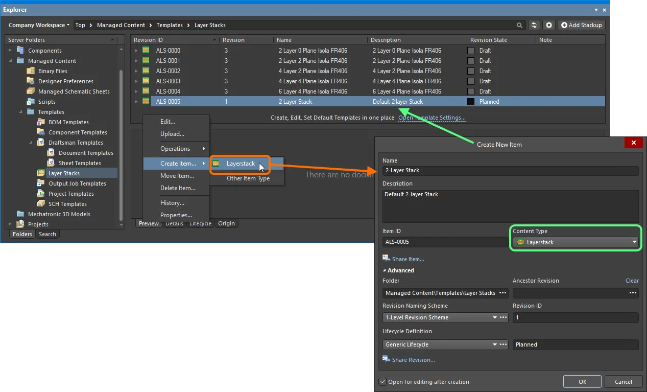 Creating a layerstack within a Layerstacks folder – the correct Content Type is available on the context menu. Creating a layerstack within a Layerstacks folder – the correct Content Type is available on the context menu.