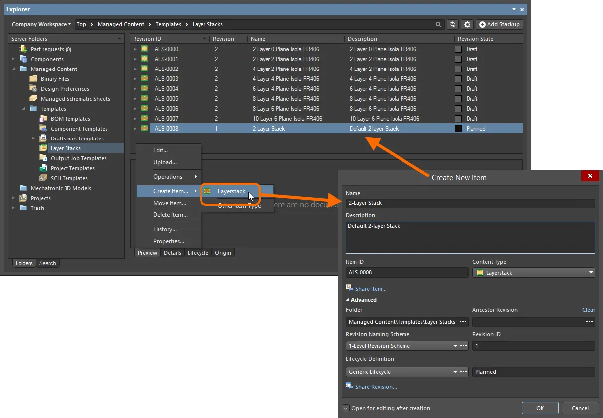 Creating a Layerstack Item within a Layerstacks folder - the correct Content Type is available on the context menu.