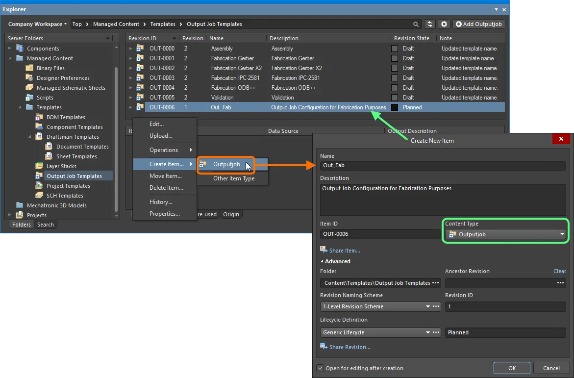 Creating an outputjob within an Output Jobs folder – the correct Content Type is available on the context menu. Creating an outputjob within an Output Jobs folder – the correct Content Type is available on the context menu.