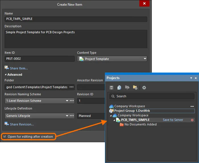 Example of editing the initial revision of a project template, directly from the Workspace – the temporary editable project is opened in the Projects panel, ready for you to add documents and configure as required.