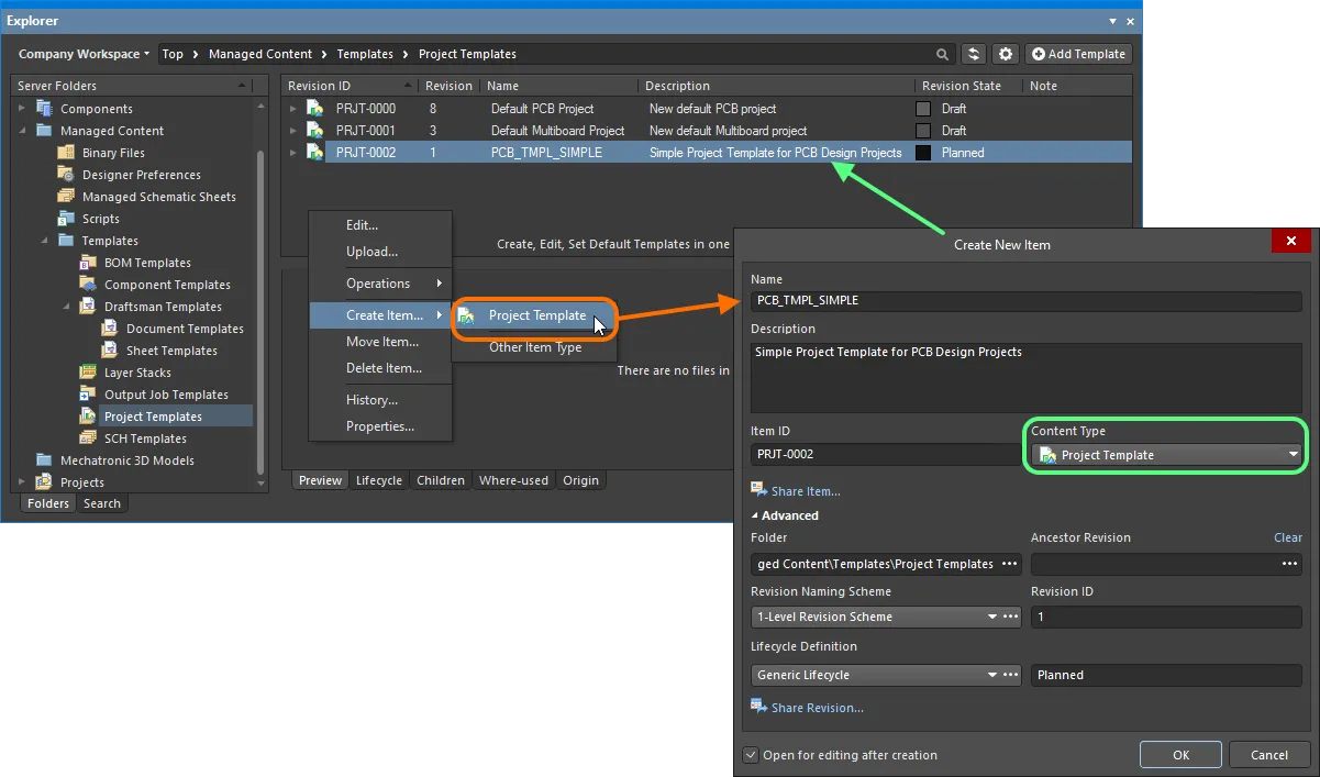 Creating a project template within a Project Templates folder – the correct Content Type is available on the context menu. Creating a project template within a Project Templates folder – the correct Content Type is available on the context menu.