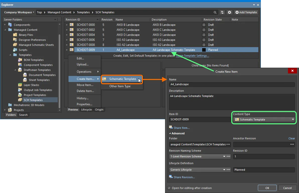 Creating a schematic template within a Schematic Templates folder – the correct Content Type is available on the context menu. Creating a schematic template within a Schematic Templates folder – the correct Content Type is available on the context menu.