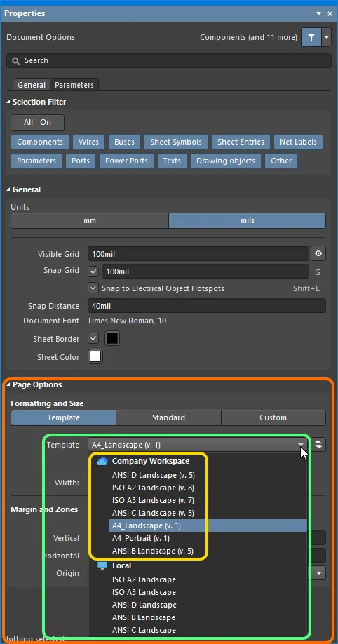 A chosen revision of a schematic template is reflected in the Properties panel, when browsing the Document Options for the active schematic sheet.