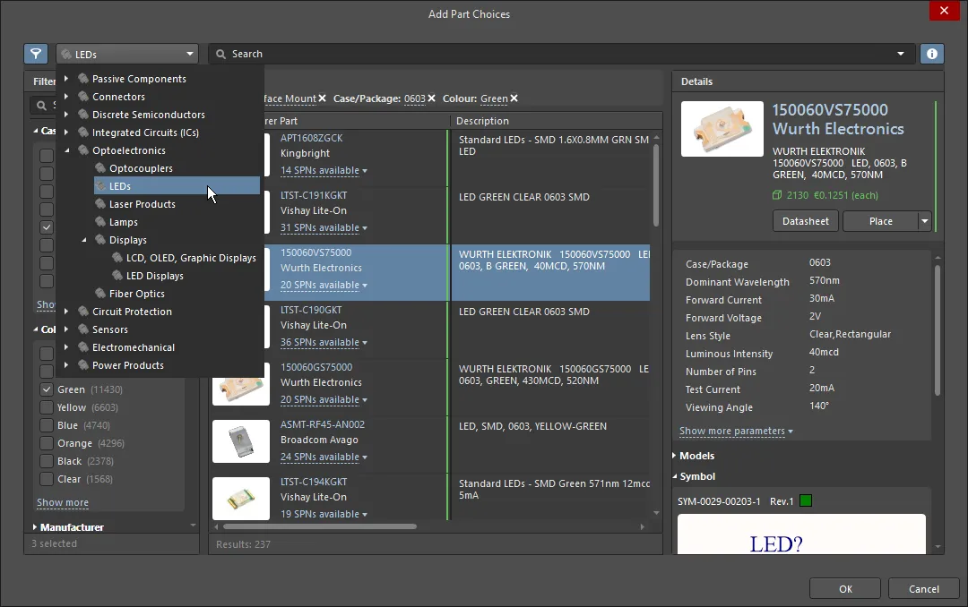 Add Part Choice dialog, showing how to use the Categories and Filters to search for a part to add as a new Part Choice