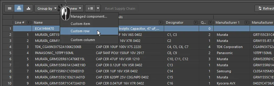 Image showing a custom row being added to a BomDoc