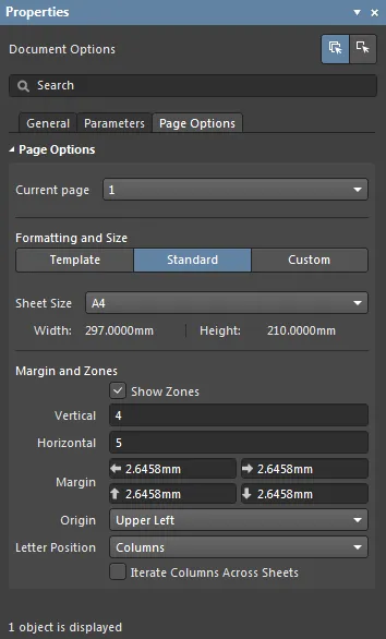 Properties panel, Draftsman current page options