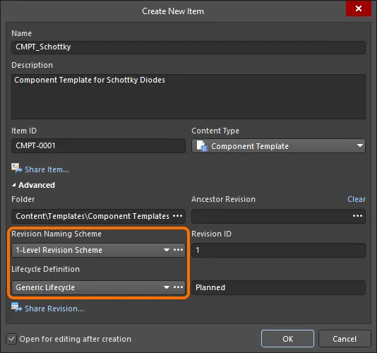 Selecting the Lifecycle Definition and Revision Naming schemes for a manually created component template.