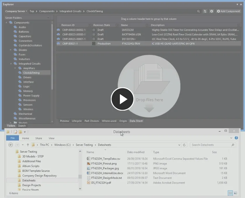 Attach one or more datasheets to an existing component in the server by dragging and dropping the datasheet(s) onto the component's Data Sheet aspect view tab.