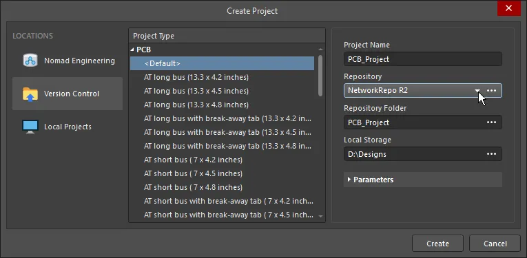 Create Project dialog, showing how a new version-controlled project can be created