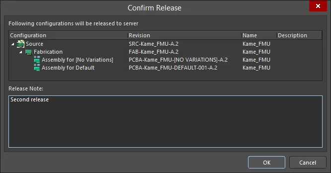 Confirmation of what will be released, in terms of the Item-Revisions generated, and the ability to change Name/Description and add release notes.