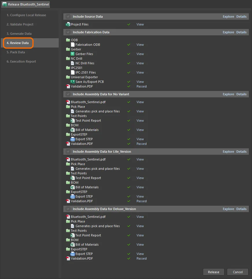 Review generated data, checking that all is as it should be, prior to committing to the release, and sending the data to the targeted folder(s), or packing the data into the localized zip file, in accordance with the unmanaged release option chosen.