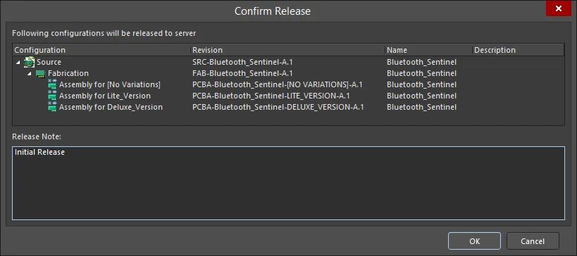Confirmation of what will be released, in terms of the Item-Revisions generated, and the ability to change Name/Description and add release notes.