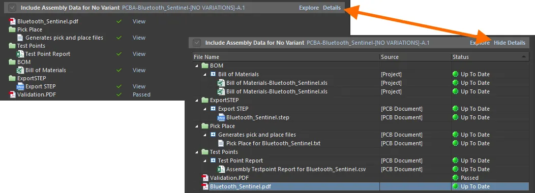 Click on a Details control to switch from simple to detailed view of the generated data for the associated section. Switch back again by clicking the Hide Details control.