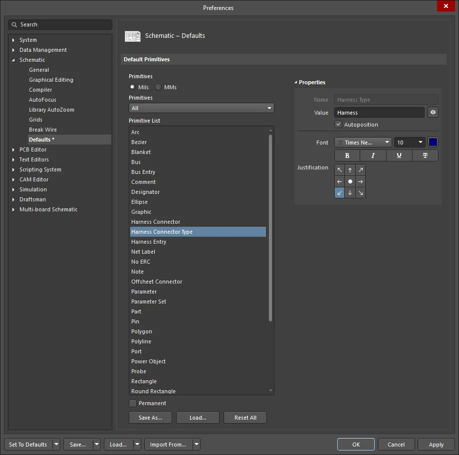 The Harness Connector Type default settings in the Preferences dialog and the Parameter mode of the Properties panel