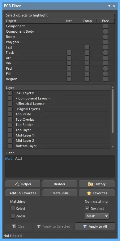 The PCB Filter panel