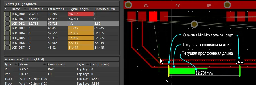 Индикатор при использовании правила Length в процессе интерактивной трассировки – показано значение текущей проложенной длины, зеленый индикатор показывает текущую оцениваемую длину.