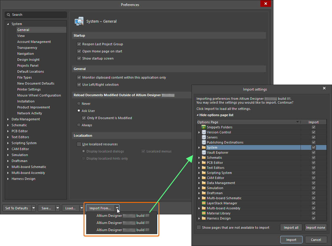 Import settings from your previous version's installation. Import settings from your previous version's installation.