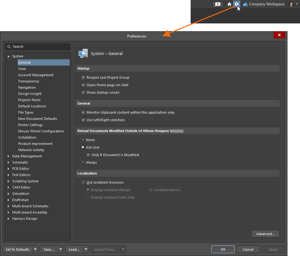 Access the Preferences dialog, which is the central hub for setting global system and editor-specific settings. Access the Preferences dialog, which is the central hub for setting global system and editor-specific settings.