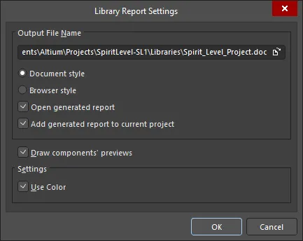 The Library Report Settings dialog