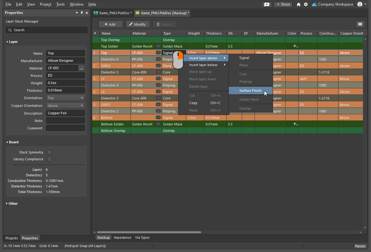 The material required for each fabricated layer is defined in the Layer Stack Manager