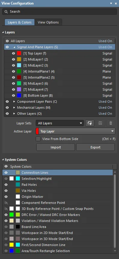 Use the View Configuration panel to set up the visibility and color of all layers in the workspace