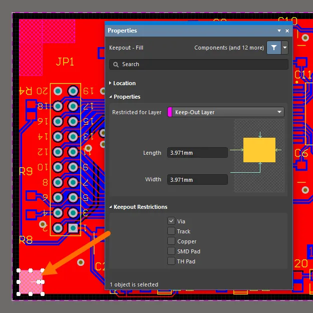 Keepout Regions configured to be applied to vias only.