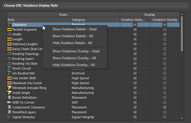 Use the grid and related commands to set up exactly how DRC violations will be displayed in the design space.