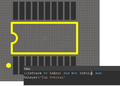 The example board shown with Track and Arc selected under Object. Layer is set to Top Overlay.