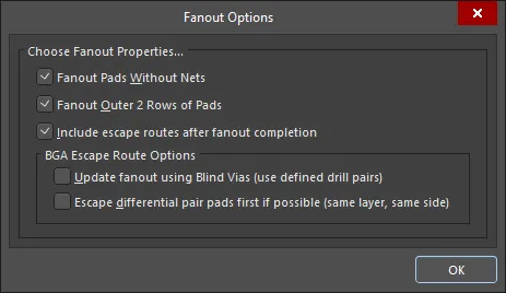 Use the Fanout Options dialog to control fanout and escape routing options.