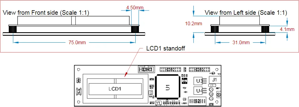 Two placed Component Views, used to illustrate mounting information for the LCD1 component shown in the lower Board Assembly View.