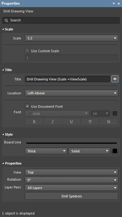 The Drill Drawing View mode of the Properties panel.