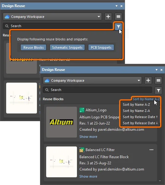 Use filtering and sorting options to configure the content display in the panel Use filtering and sorting options to configure the content display in the panel