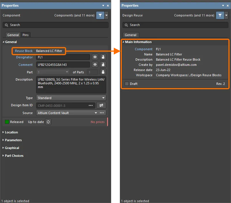 Access the reuse block properties from a component that is a part of this reuse block. The images above display accessing the properties from a schematic component. Hover the cursor over the image to see access from a PCB component.