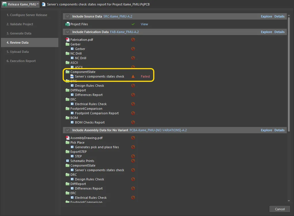 Example board release failing at the validation stage while checking component states. Hover over the image to see the generated report. Here, the design is found to contain four components that are in a restricted lifecycle state, and the release process is terminated in failure.