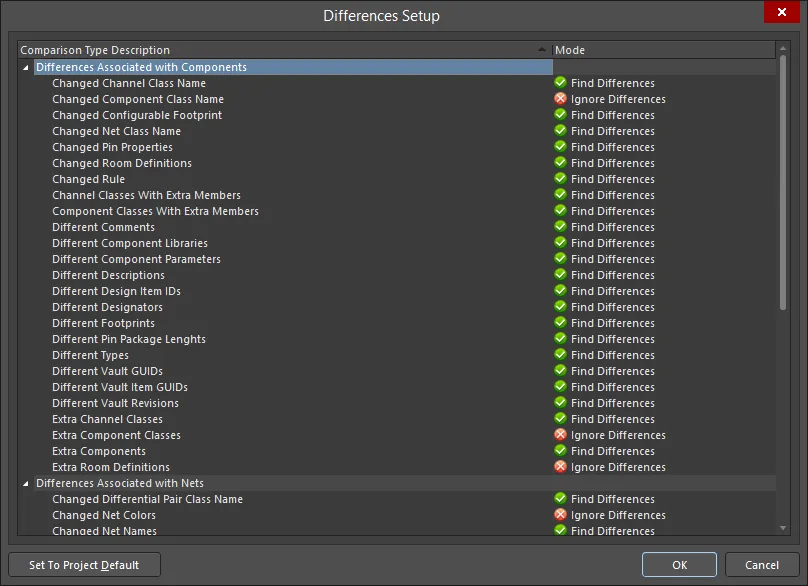 The Differences Setup dialog