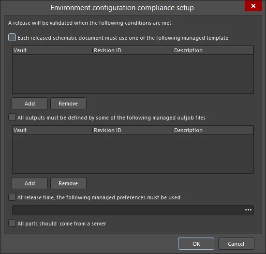 The Environment configuration compliance setup dialog