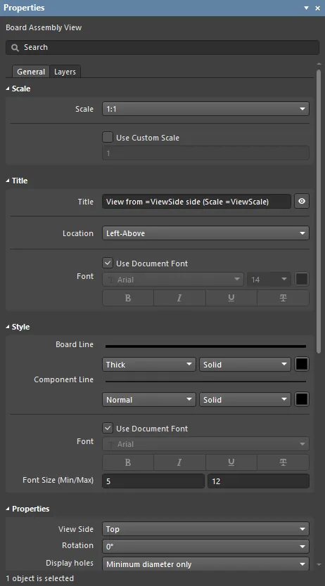 The Board Assembly View mode of the Properties panel (when a component is selected in the Assembly View).