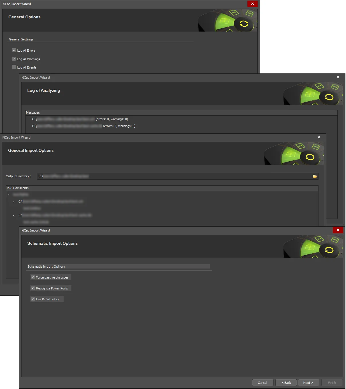 Specify options as required in the General Options, Log of Analyzing, General Import Options, and Schematic Import Options pagess.