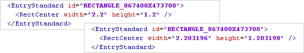 The same section of an IPC-2581 file with the precision set to 2 (left) and 6 (right).