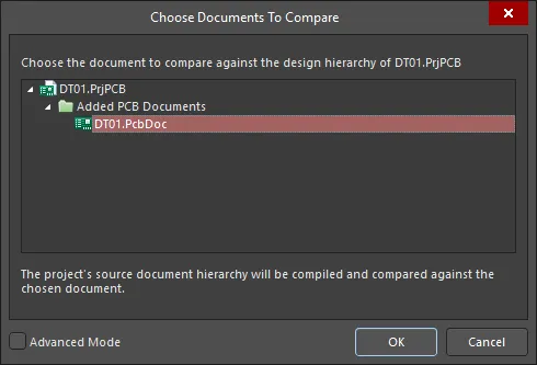 Select the PCB to compare the schematic project against.