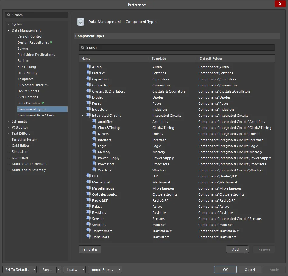 The Data Management – Component Types page of the Preferences dialog