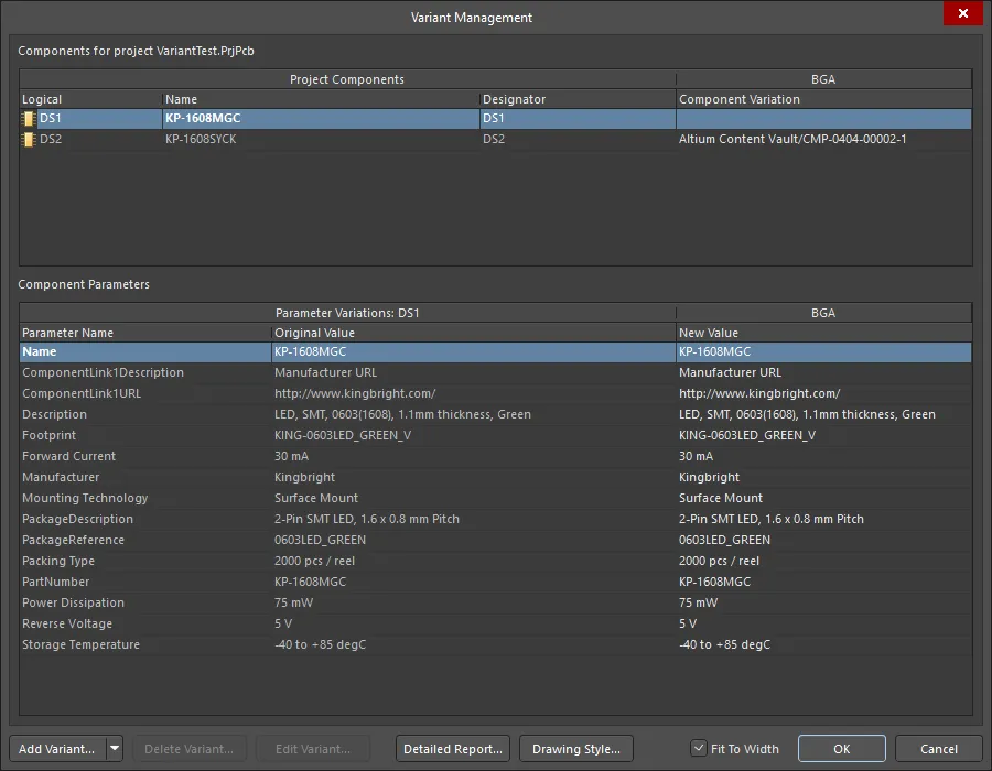 Here, the Variant Management dialog has been opened from two selected components on the schematic sheet and therefore includes just those two (LED) components.