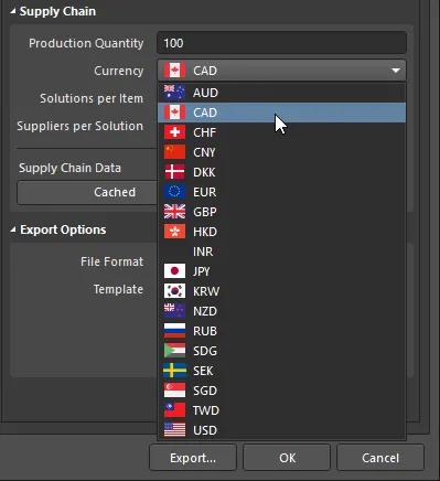 Choose from a list of supported currencies when outputting pricing data in a Bill of Materials.