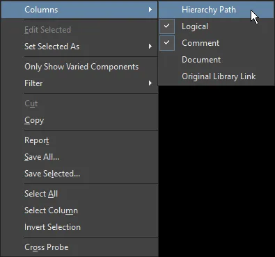 Right-click context menu, Variant Management dialog