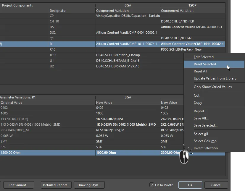 Modified parameter(s) can have their value(s) restored using the Reset Selected command.