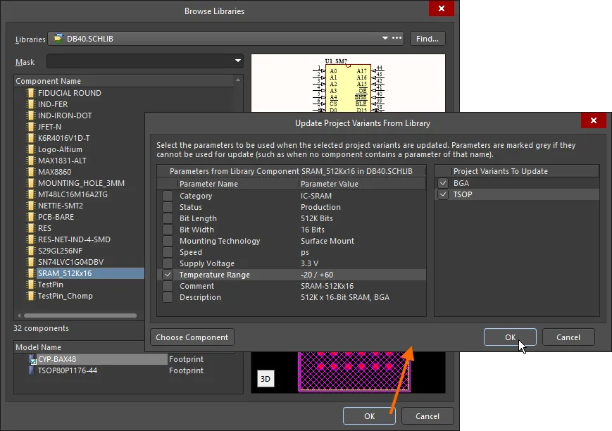 Updating a varied component from the source library. Here you configure which parameters are updated, and to which variant the updates are applied.