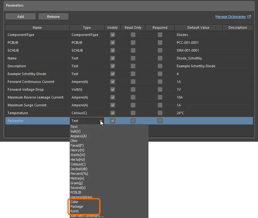 Select a dictionary-defined parameter type in the Type drop-down. Select a dictionary-defined parameter type in the Type drop-down.