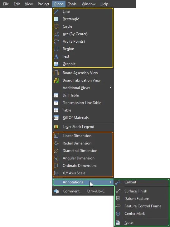 Place dimensions, annotations and graphical elements using commands from the Place main menu.
