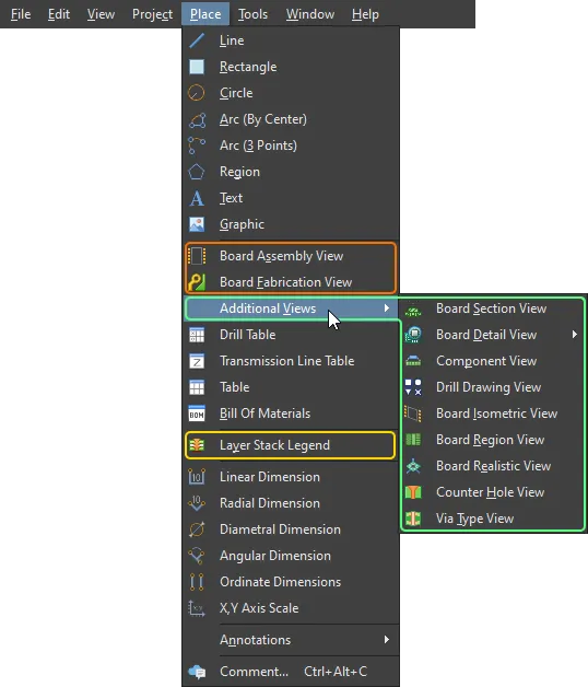 Place drawing views using commands from the Place main menu.