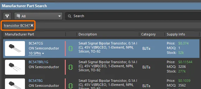 Manufacturer Part Search panel, searching for a transistor